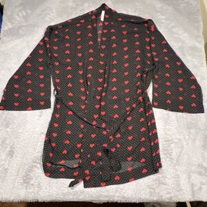 Cacique Robe Women's 22/24‎ Black Red Heart Polka Dot Print Sheer Belted Bedroom